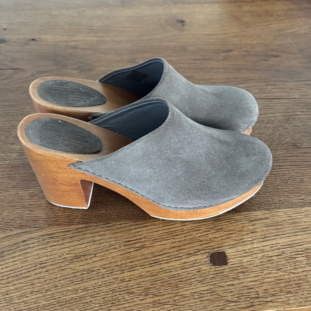 Charlotte Stone Grey Suede Wood-Platform Clog Mules